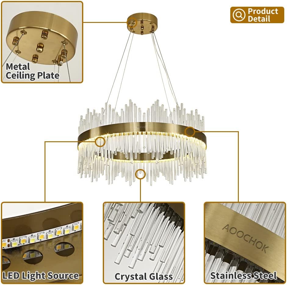 Modern Kristall Pendelleuchte Gold Kronleuchter, Kristall Lampe Rund Hängeleuchte, Häengelampe für Wohnzimmer, Esszimmer,Schlafzimmer, Restaurant,Φ60cm