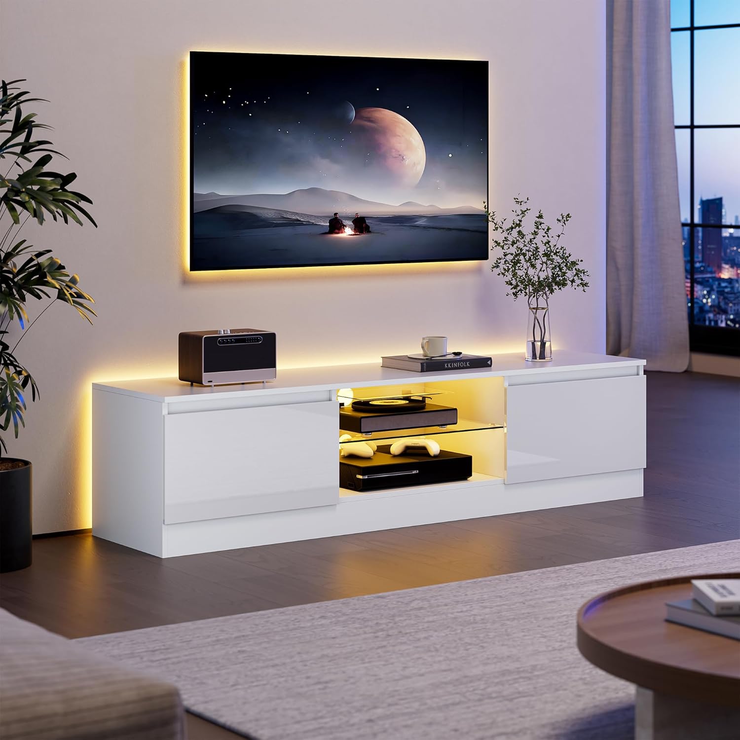 TV Schrank mit 16 Farben LED Beleuchtung und 2 Türen, 160 cm Lang, TV Board, Lowboard Stehend für Fernseher bis zu 70 Zoll, Fernsehtisch für Schlafzimmer, Wohnzimmer, Esszimmer (Weiß)
