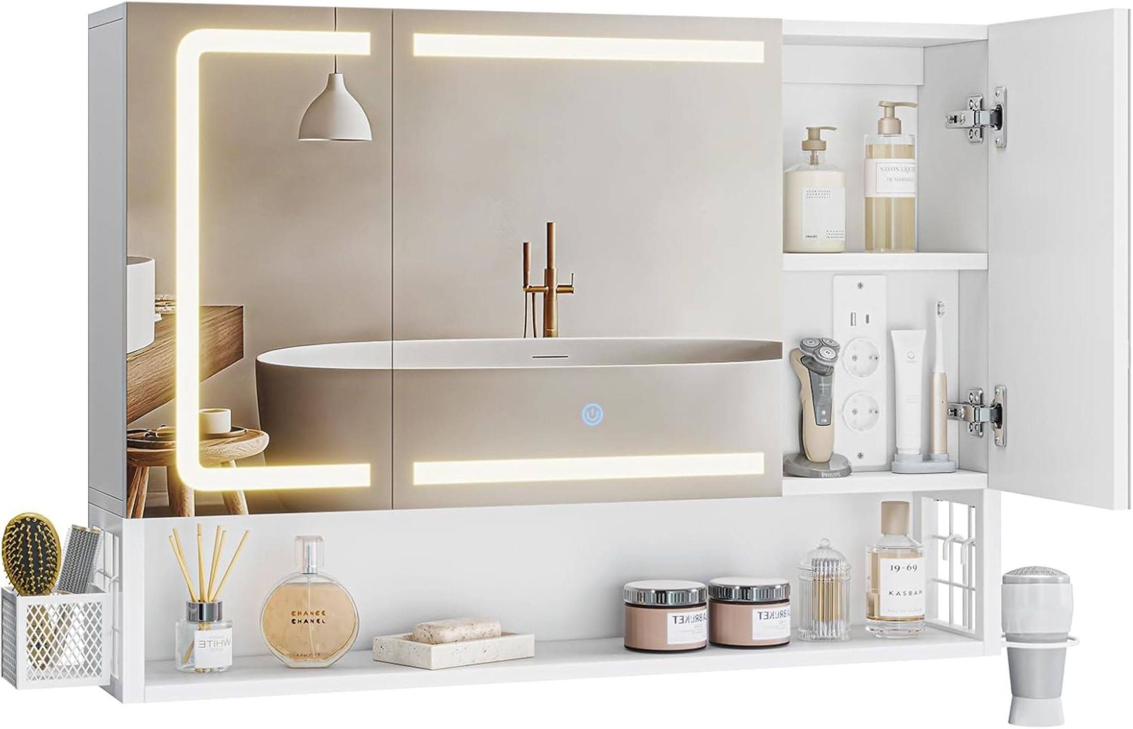 MSMASK Spiegelschrank mit LED-Beleuchtung und Steckdose Badezimmerschrank mit verstellbarer Ablage