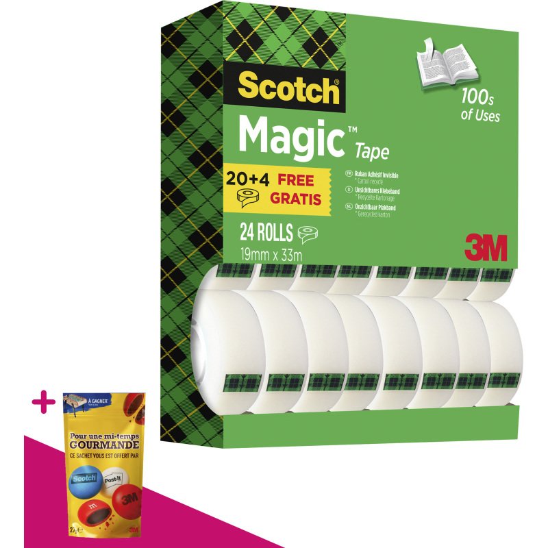 Pack 20 rubans adhésifs Scotch Magic invisible 33 m + 4 OFFERTS = Pour l'achat d'un pack de 20 rubans, 1 sachet de M&M OFFERT
