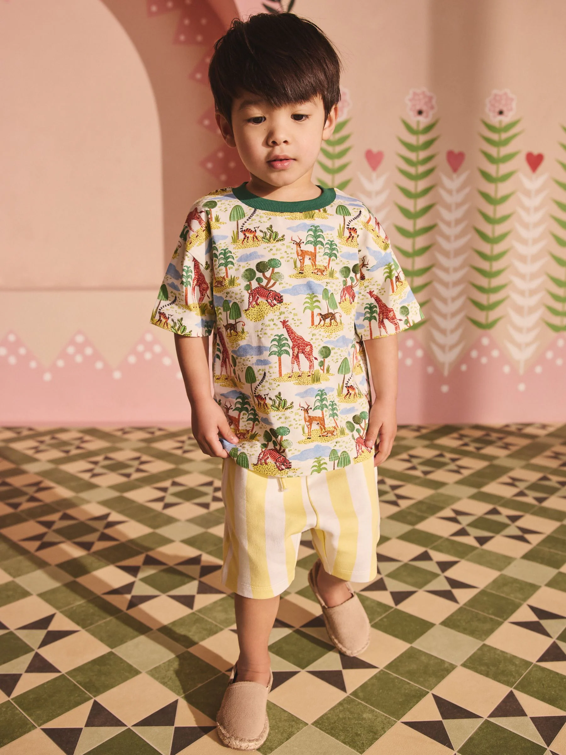 Groen/wit - Set van safari T-shirt met all-over print, korte mouwen en shorts (3mnd-7jr)