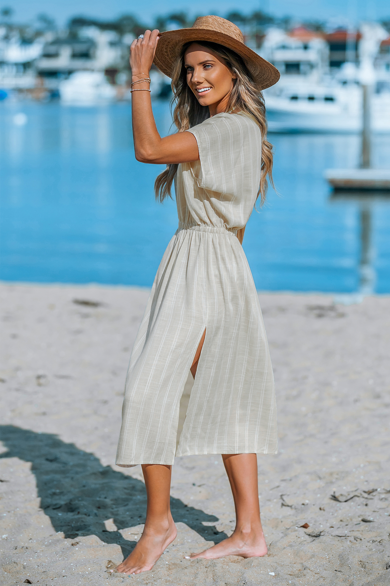 Robe cover up midi avec manches dolman à rayures et ourlet fendu