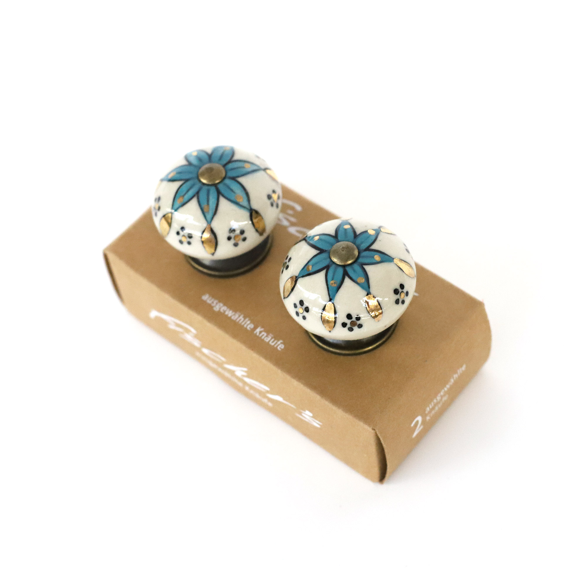 Keramik-Knauf-Duo 'Blume', blau, gold, Ø 4,2 cm günstig bestellen