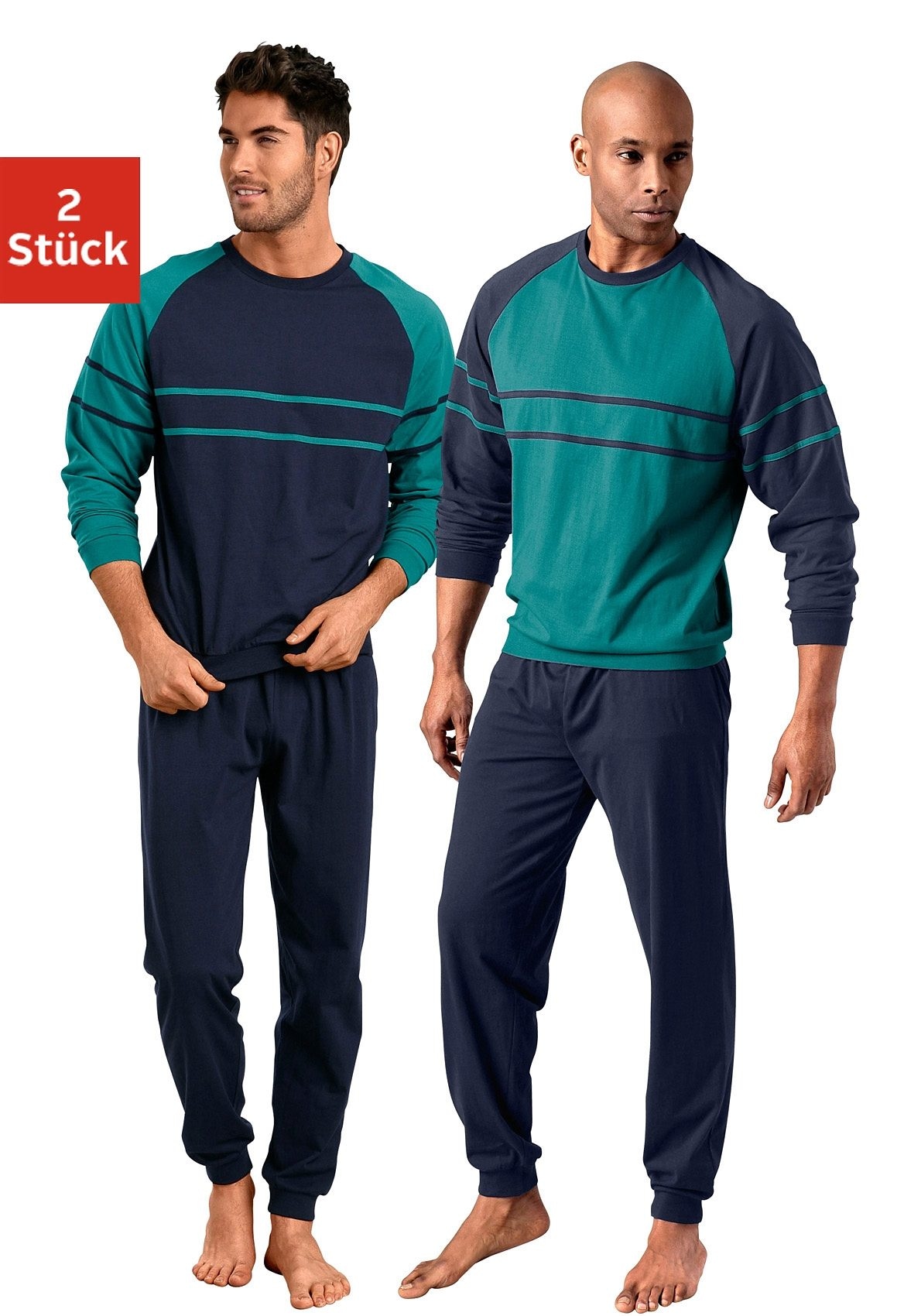 le jogger® Pyjama »Schlafanzug für Herren im Doppelpack«, 4 Stk. in langer Form mit aufgesetzten Streifen