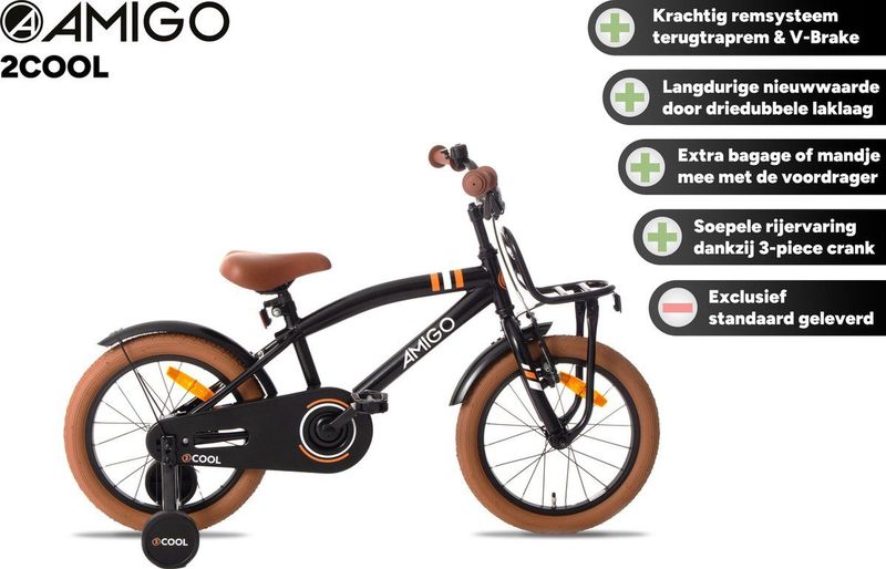 AMIGO 2Cool Kinderfiets - 12 Inch Jongensfiets - met Zijwieltjes - Terugtraprem - Zwart