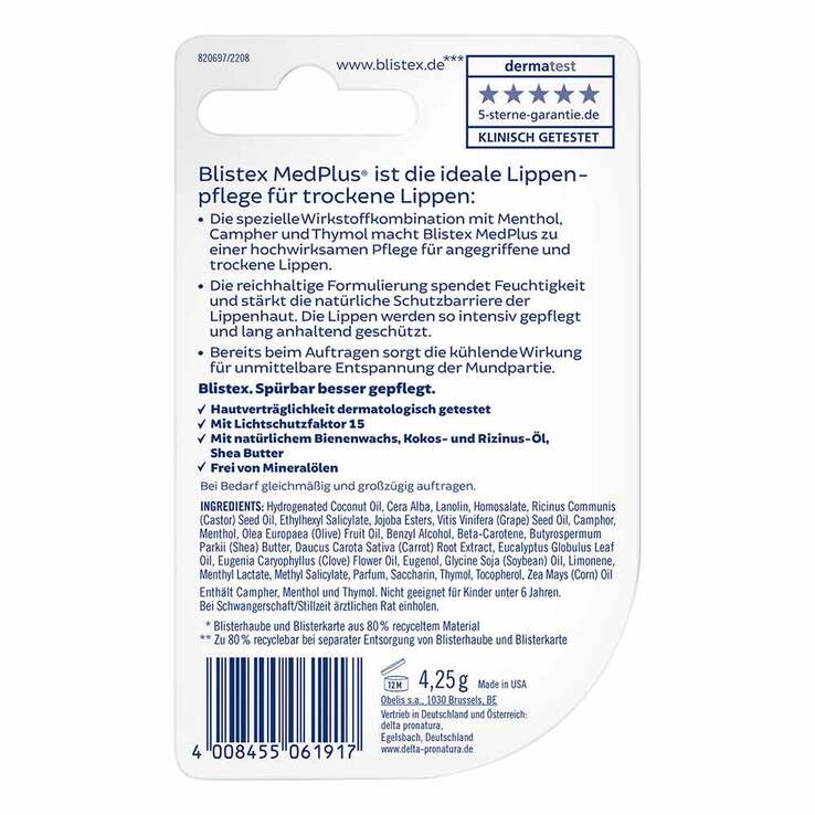 Blistex Medplus Stick ohne Mineralöl, 4.25 g