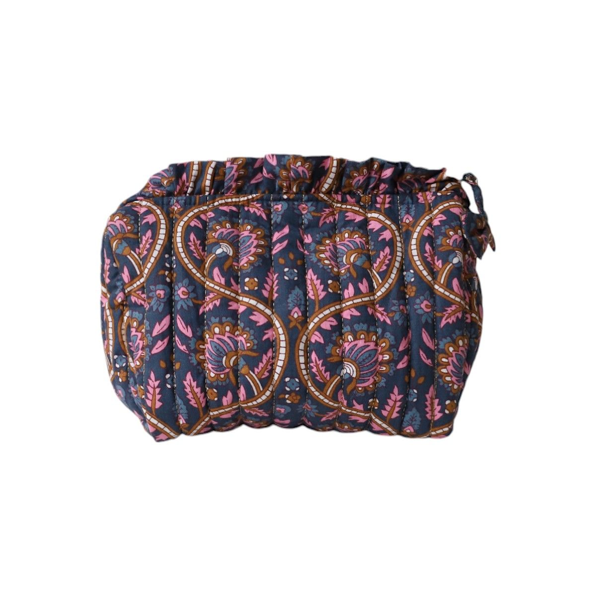 Petite trousse de toilette froufrou block print bleu - Mariage Indien Pondie Chérie