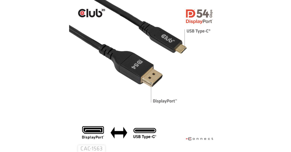 Club 3DUSB-C naar DisplayPort 2.1 DP54 Bi-Directioneel kabel, 8K120Hz 2m  (Zwart)