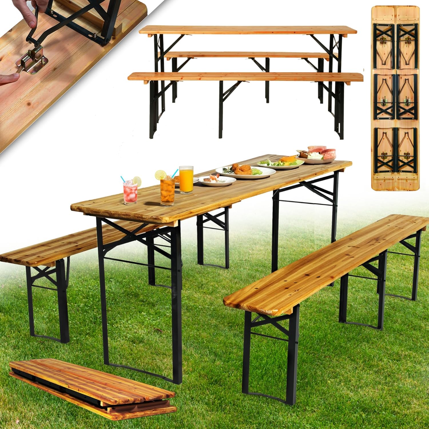 STREND PRO Bierzeltgarnitur 3-teilig | KLAPPBARE Gartenmöbel Set - Holz und Metall - Biertischgarnitur für 6-8 Personen | Biertisch + 2 Bierbänken | Festzeltgarnitur, Sitzgarnitur, Bierbankgarnitur