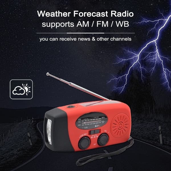 Håndsveiv Solar FM/AM Radio lommelykt NOAA Power Bank-funksjon