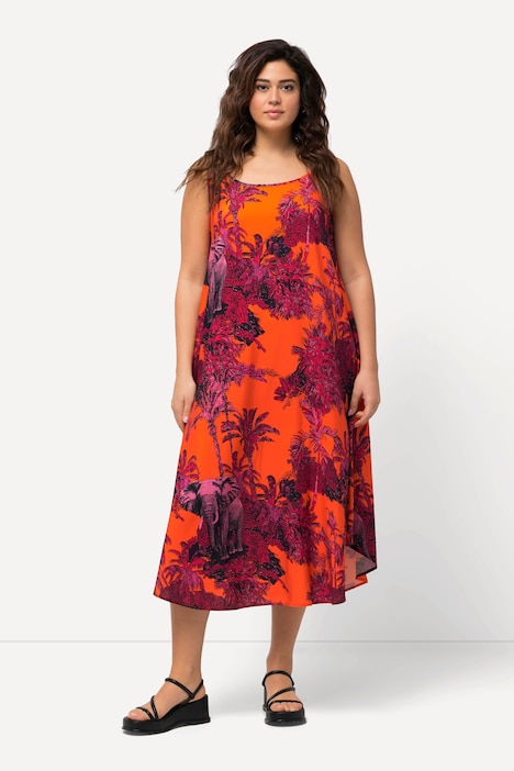 Kleid, Palmen, Elefanten, A-Linie, Rundhals, ärmellos