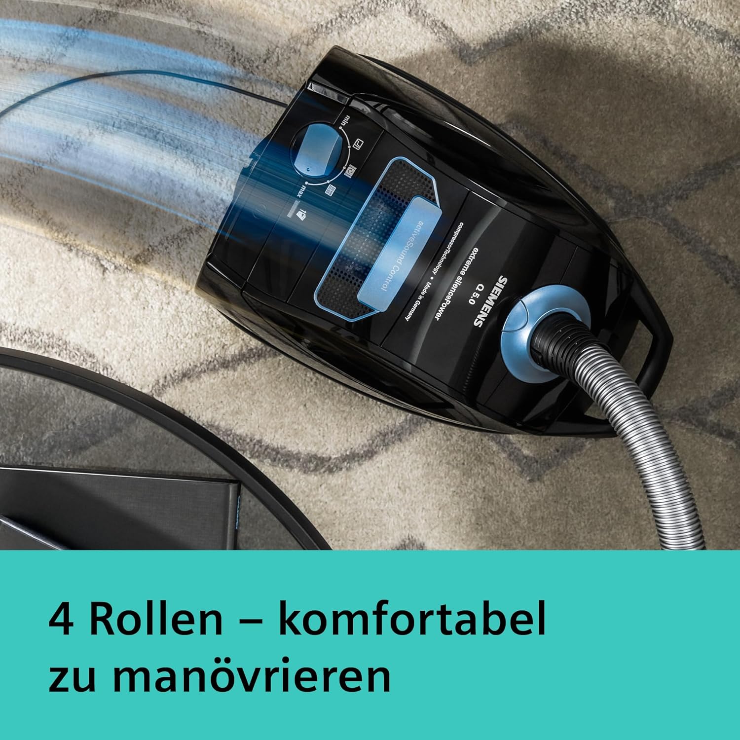 Siemens Staubsauger mit Beutel Q5.0 Extreme silencePower VSQ5X1232, für Allergiker, Hygiene-Filter, Starke Saugleistung: Parkett, Teppich, Fliesen, langes Kabel, Made in Germany, 850 W, schwarz