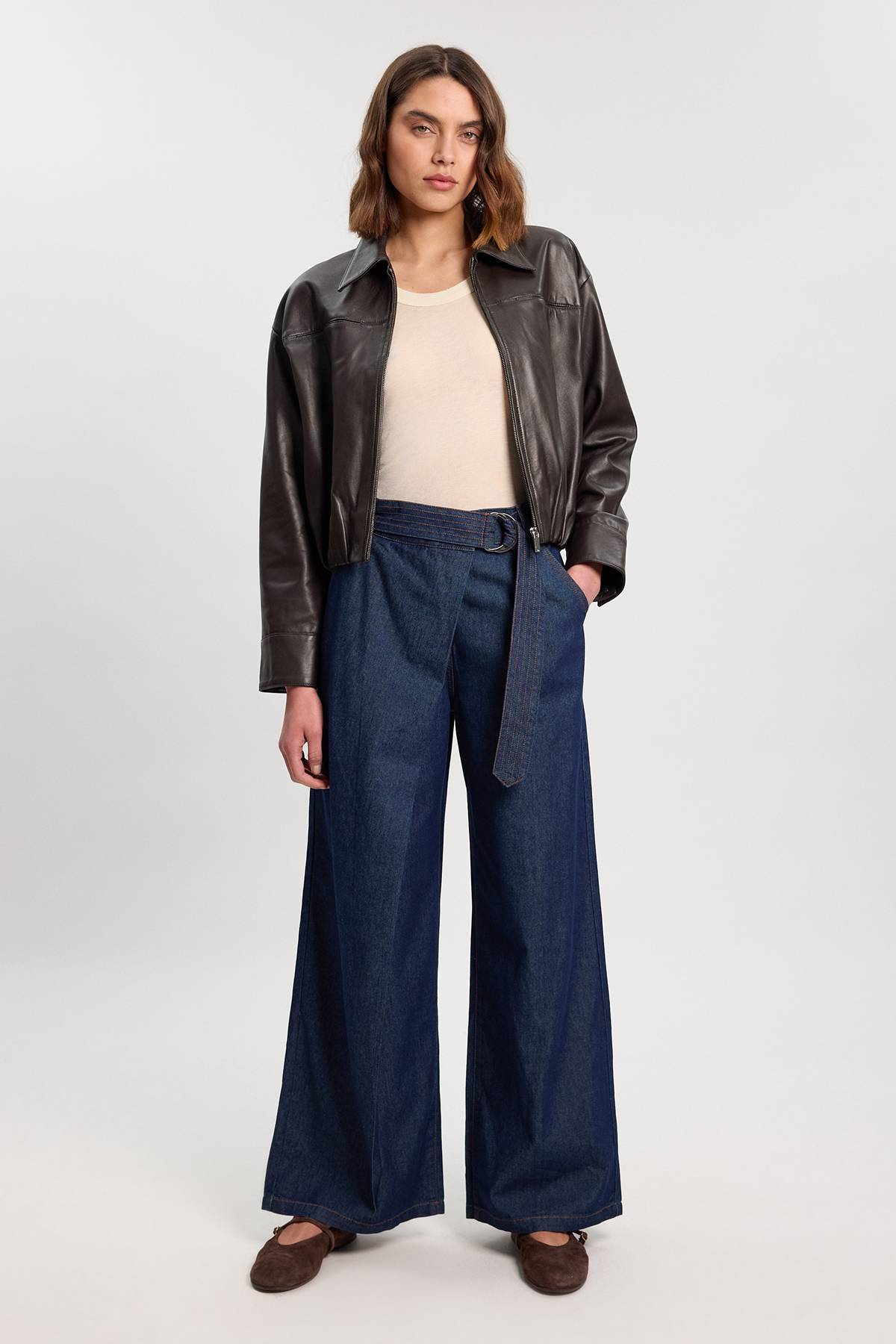 KarenMillen Pantalon En Denim À Jambe Large Avec Ceinture