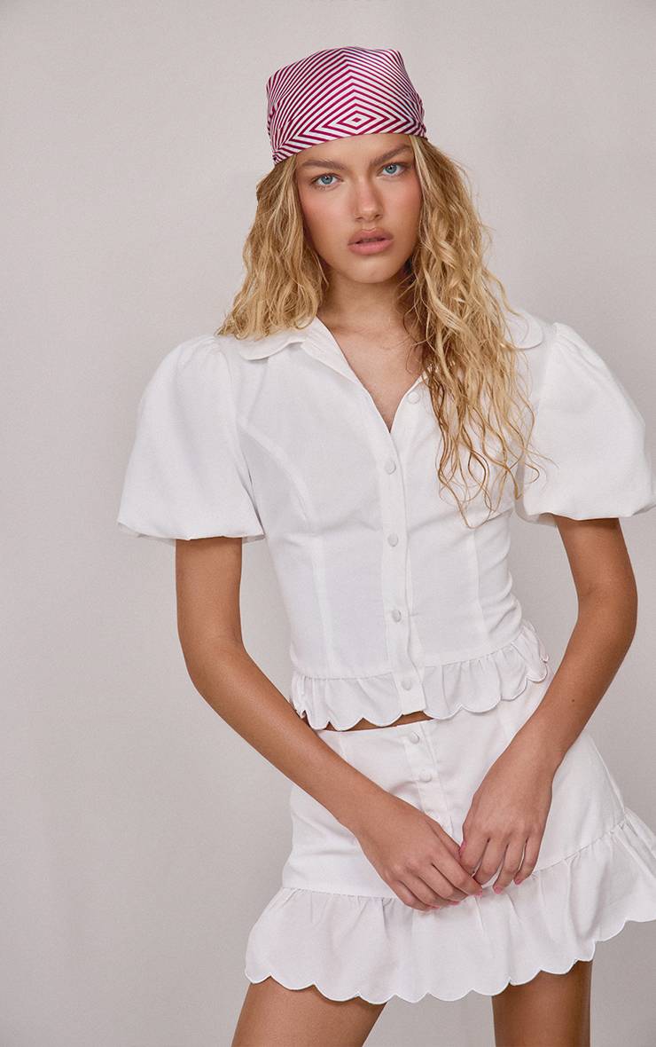 Blanc Ensemble Coordonné Chemise En Popeline À Bord À Volants
