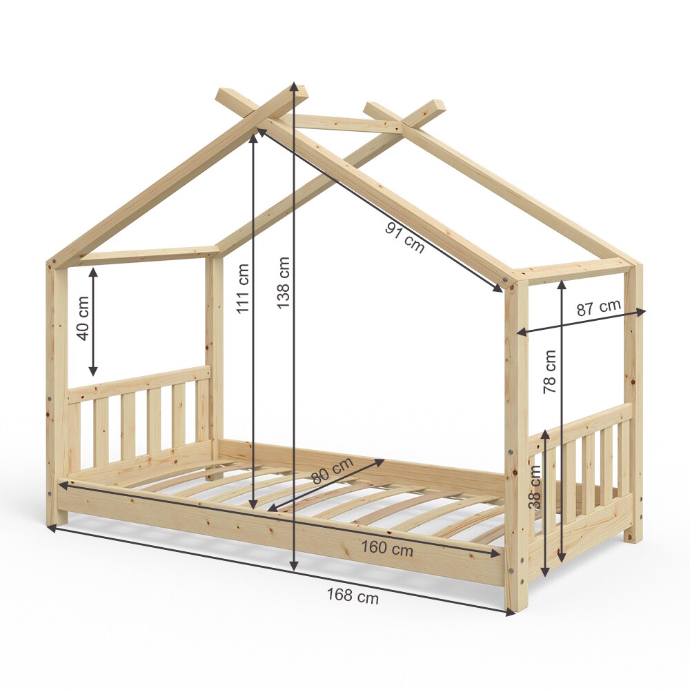 VITALISPA Kinderbett Hausbett DESIGN 80x160cm Natur Zaun Kinder Holz Haus Hausbett