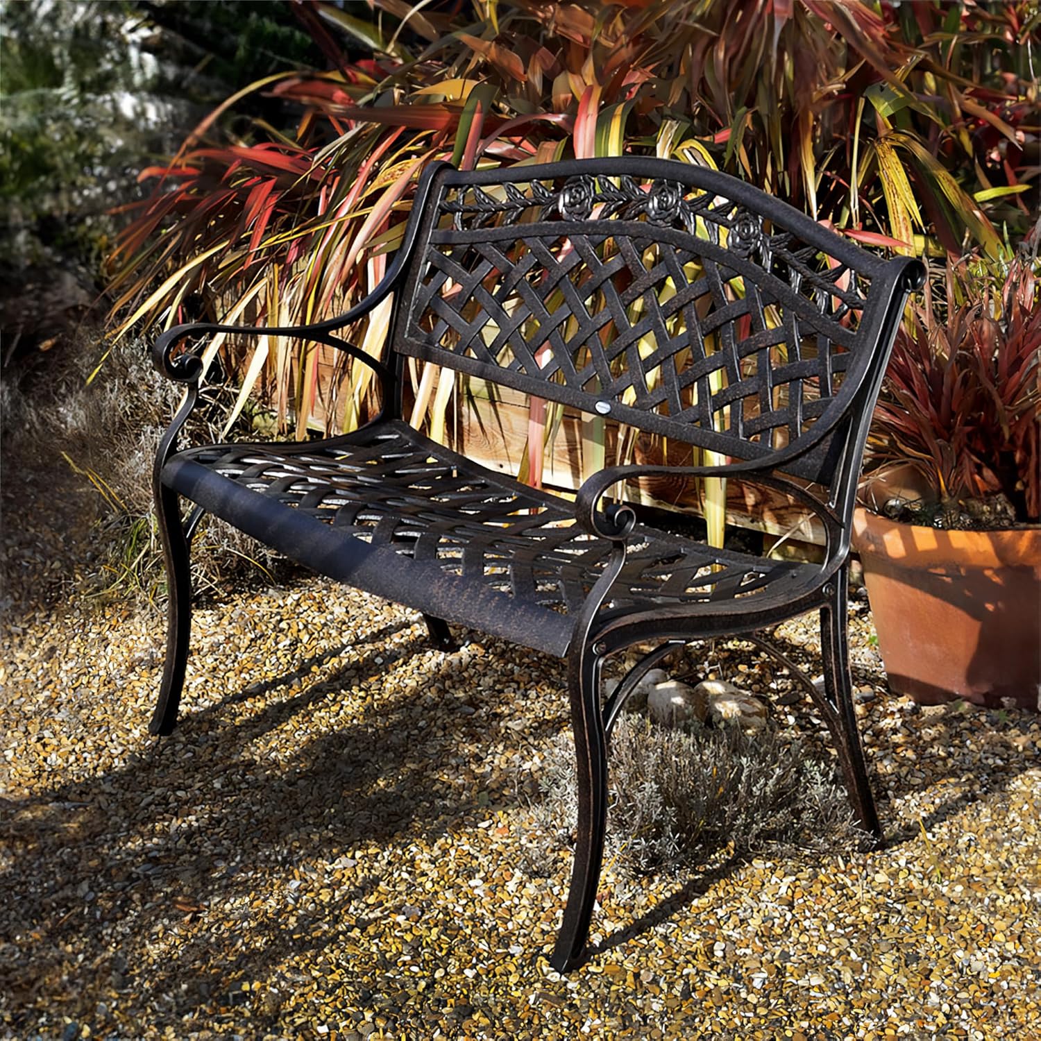Lazy Susan Rose Gartenbank in Antik Bronze, Terrakotta Sitzkissen | Sandguss-Aluminium | Wetterfest | Rostfrei | Wartungsarm | 3 Jahre Garantie