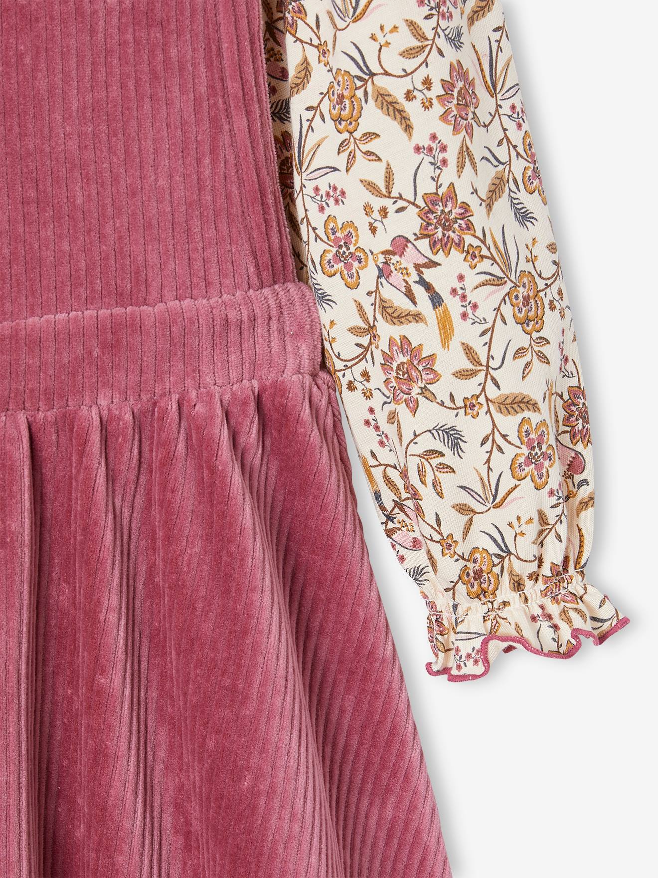 Look da menina: camiseta + vestido avental de veludo cotelê cor malva