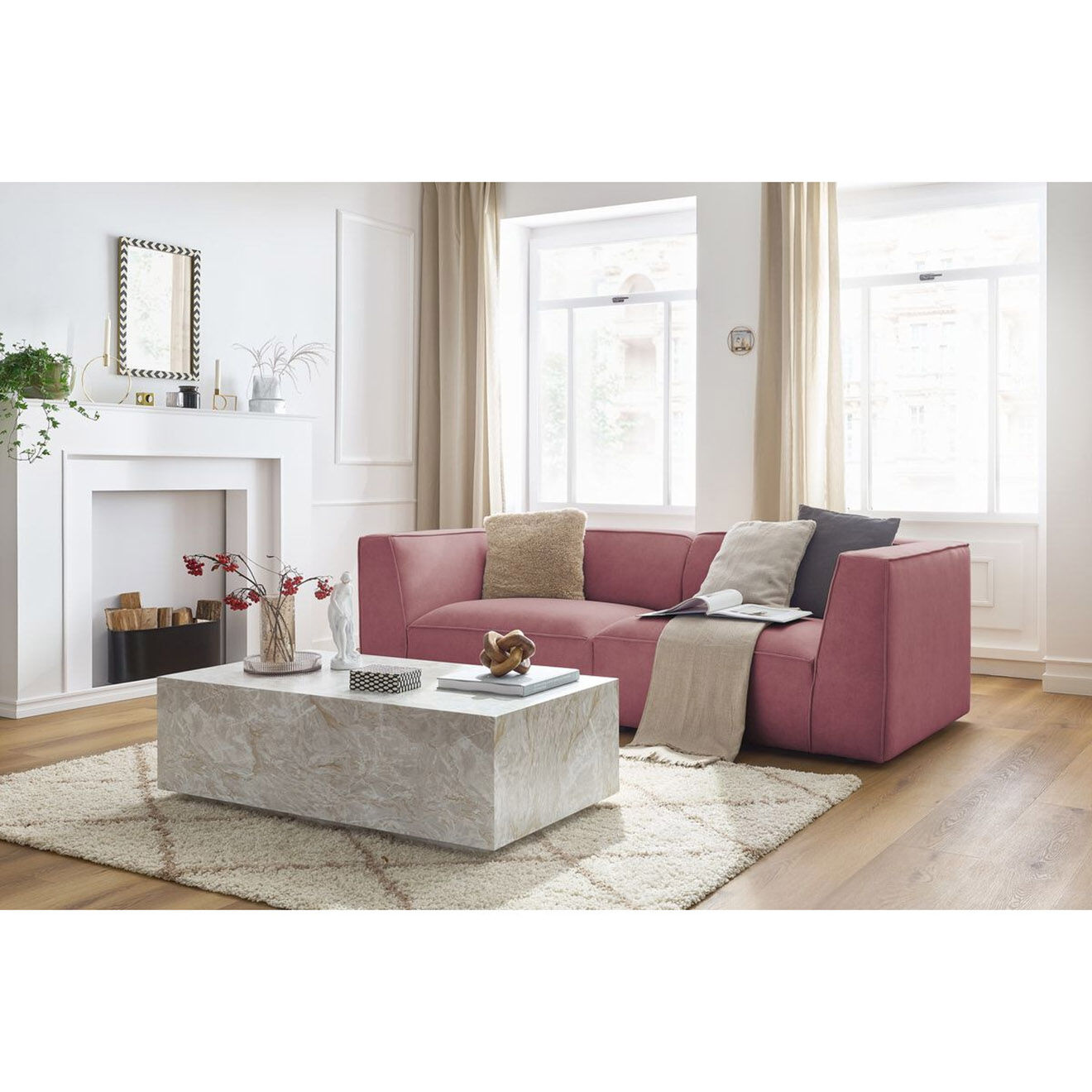 Bobochic Canapé droit fixe 3 places en Velours Molière rose - 233x99x71 cm