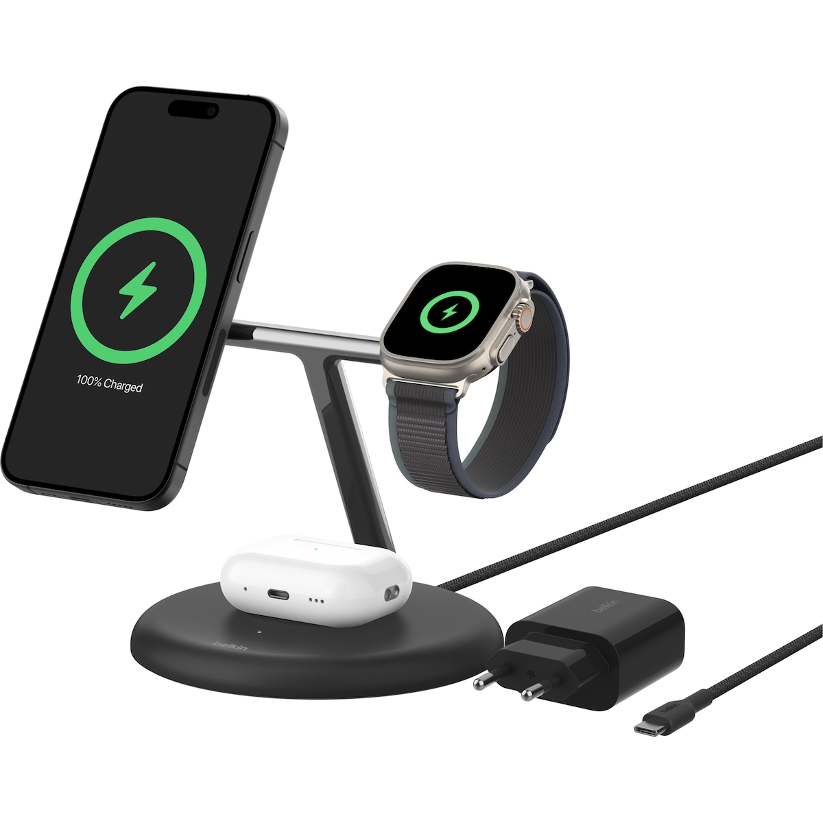 Belkin BoostCharge Pro 3-in-1 Qi2 trådløs ladestasjon (sort)