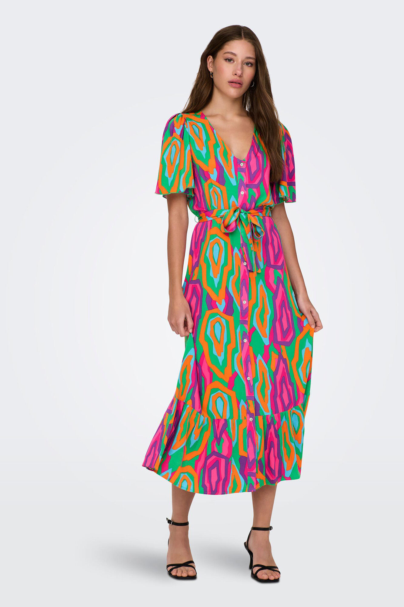 Vestido midi com estampa geométrica
