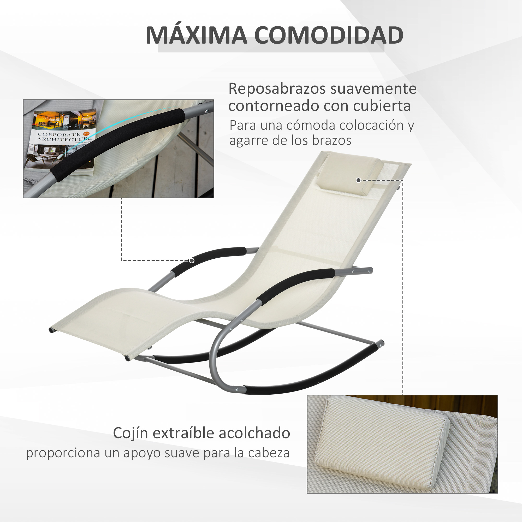 Conjunto de 2 cadeiras de balanço Outsunny para jardim, com encosto de cabeça e braços, capacidade de carga de 120 kg, ideais para praia, pátio e terraço, 63x144x84 cm, bege.