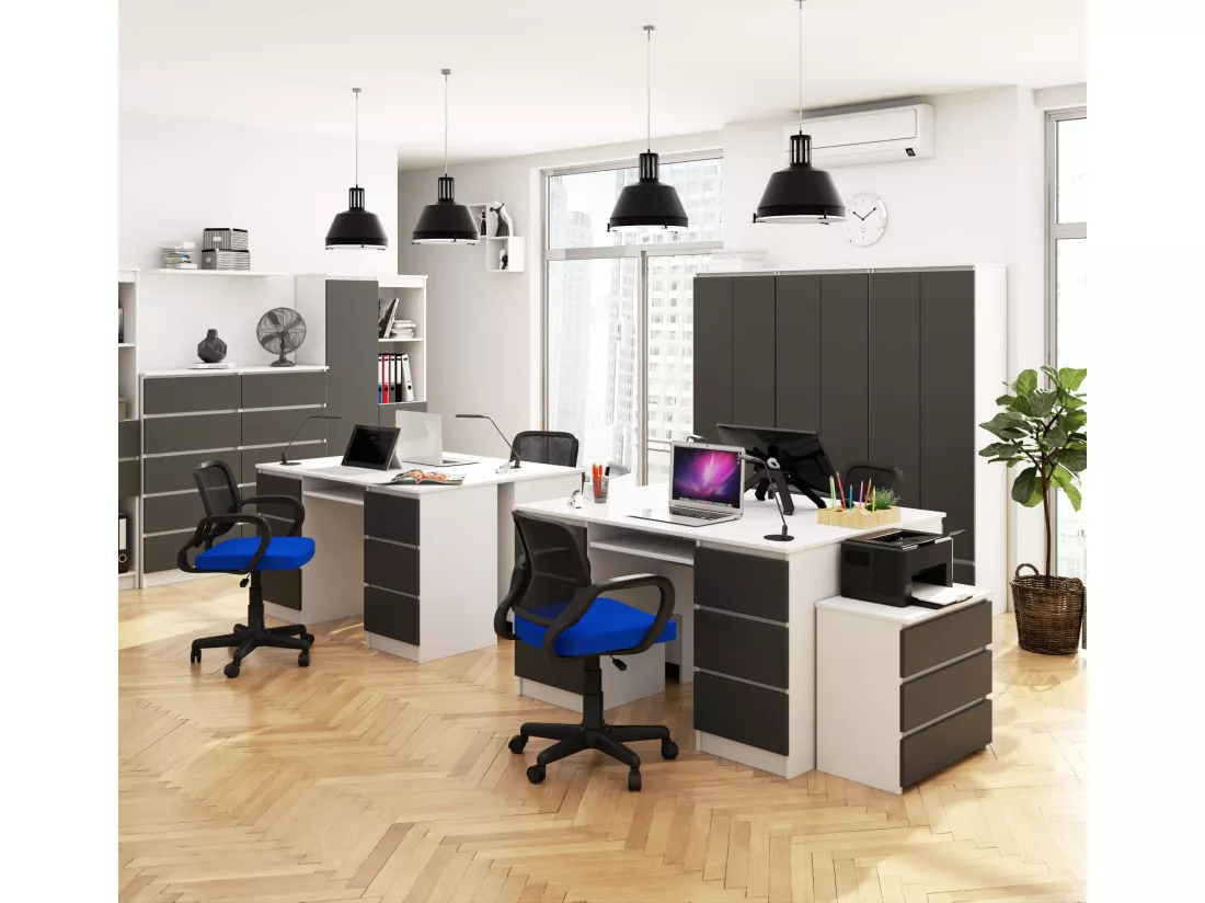 Bureau d'ordinateur AKORD A11 Blanc 135 cm 6 tiroirs façade Gris Graphite 135x50x77 cm