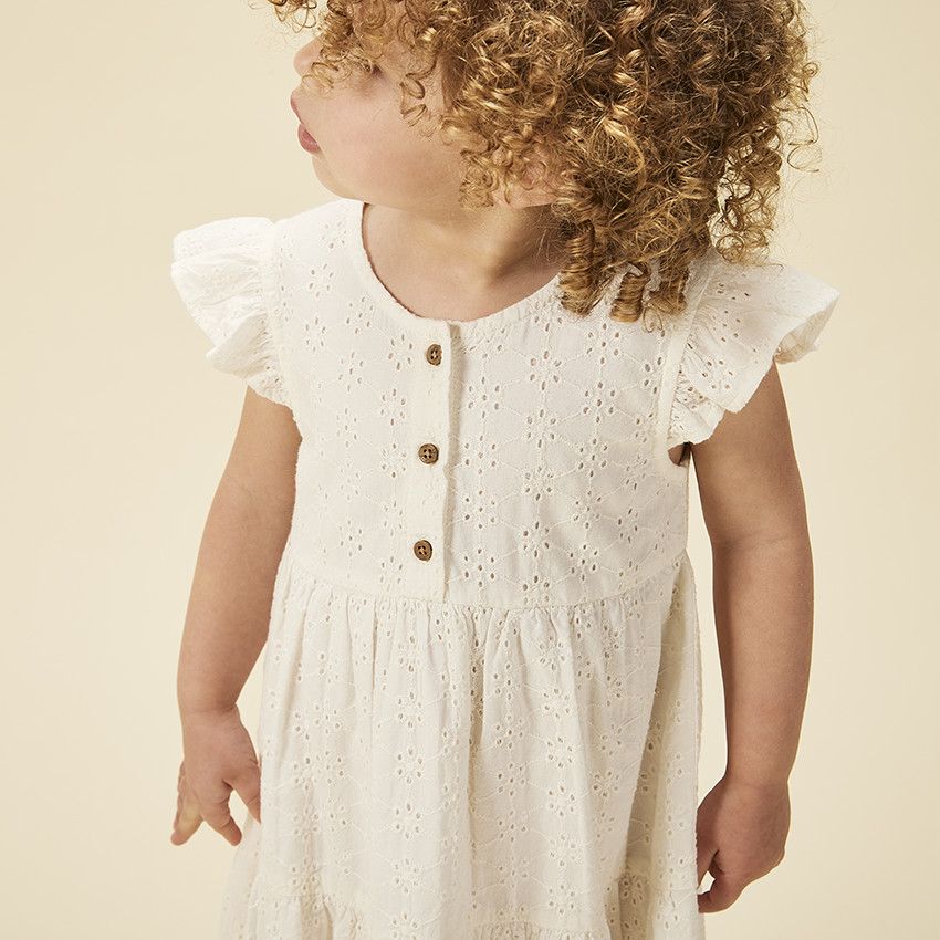Robe manches courtes en broderie anglaise pour bébé fille - Ecru