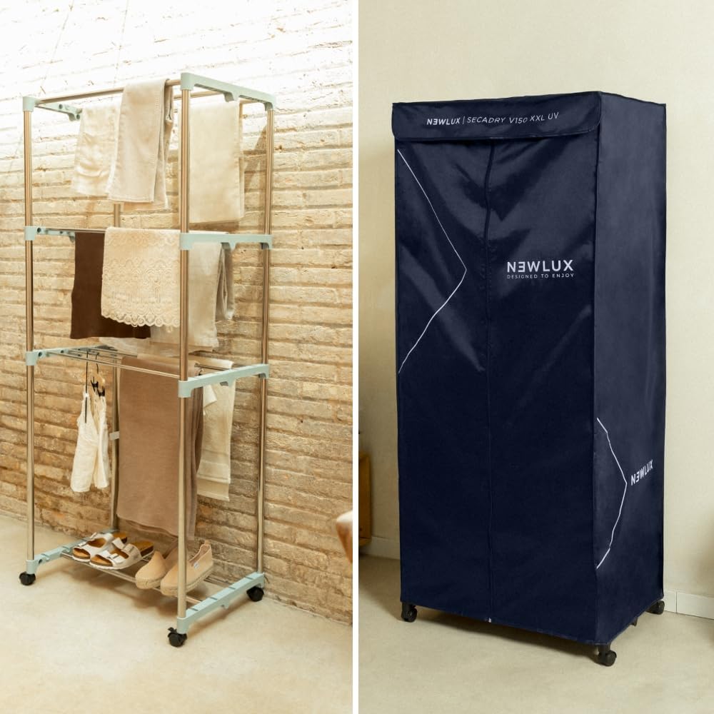 Newlux - Sèche-Linge électrique Portable Secadry Noir avec lumière UV pour désinfecter, 15kg, Temp. 180min, 4 Niveaux, séchoir par Ventilation (1200W) 3 en 1 Sèche-Linge, Armoire, Séchoir à Linge