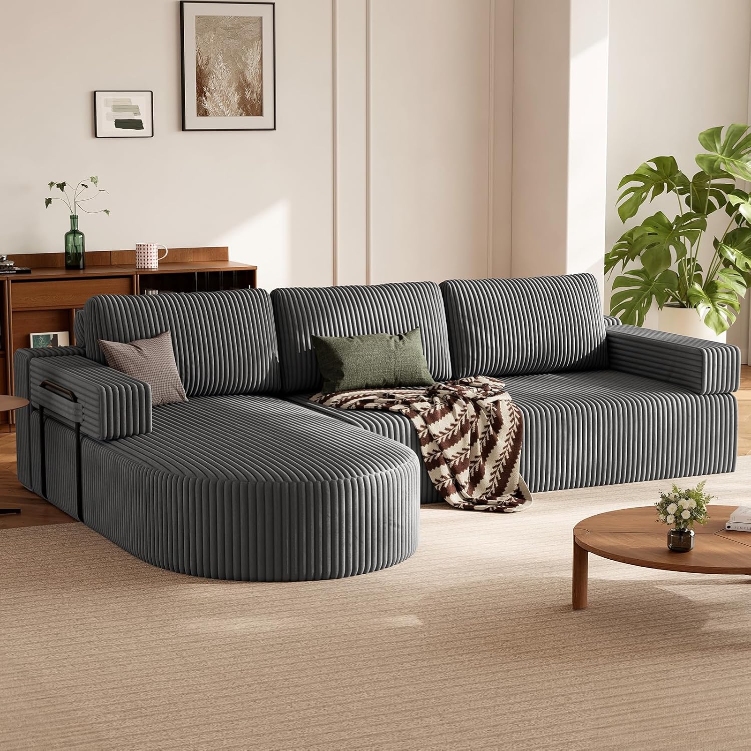Ecksofa mit Schlaffunktion, Cord Schlafsofa L Form, Boneless Couch, Wohnlandschaft Schlafcouch mit 75cm Sitzfläche, Modulares Sofa Bed Sofabett mit Abgerundeter Chaise Longue, Grau