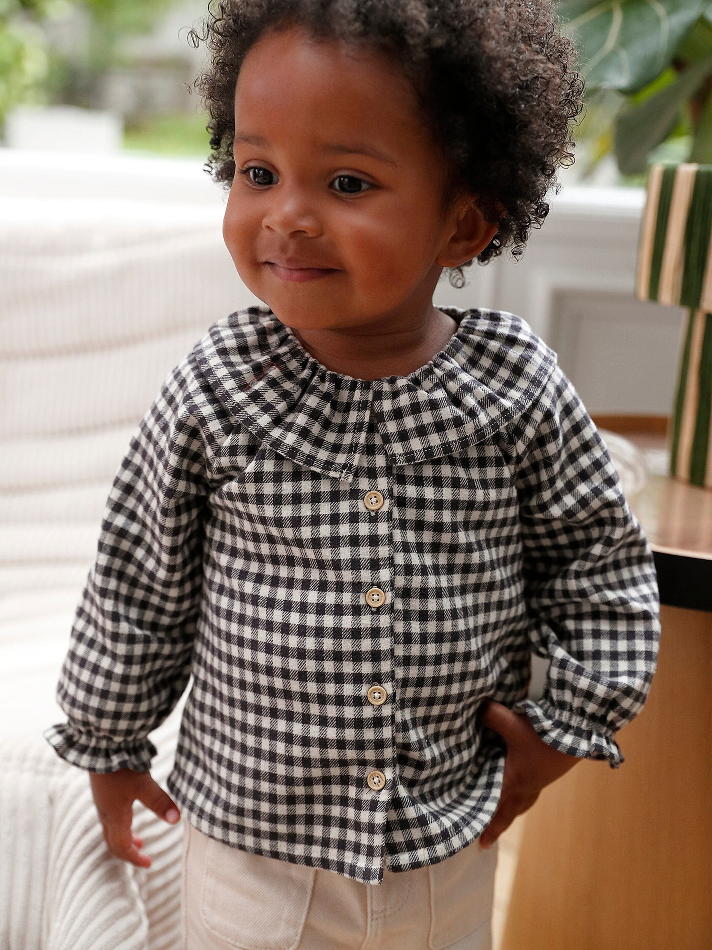 Vertbaudet Mädchen Baby Bluse mit Vichykaro und Kragen schwarz kariert