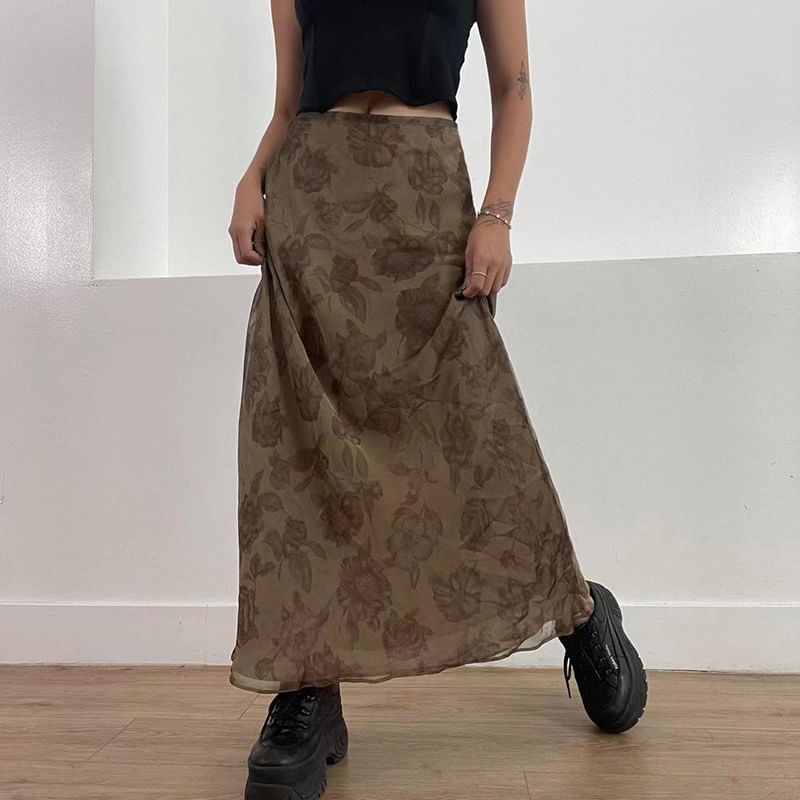 Genrovia - Maxi A-lijn rok met hoge taille en bloemenprint