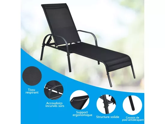 Chaise Longue de Jardin, Bain de Soleil Inclinable avec Dossier Réglable sur 5 Positions Transat de Relation avec Accoudoirs pour Plage, Jardin, Balcon, Piscine