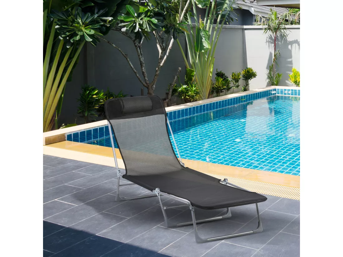Bain de soleil transat pliable dossier réglable 5 positions acier teslin noir