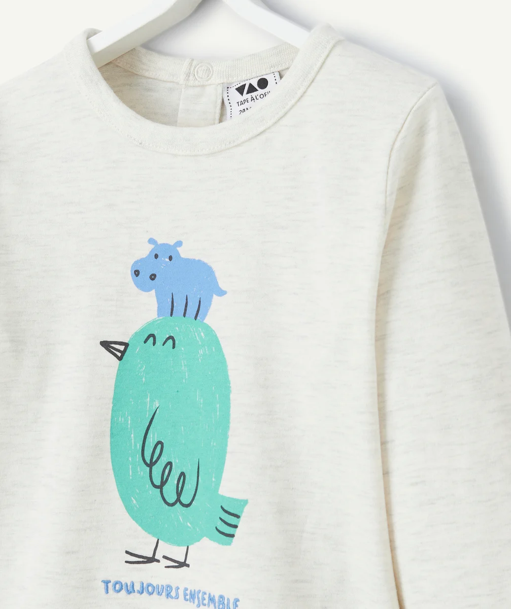 T-SHIRT BÉBÉ GARÇON EN COTON BIO ÉCRU CHINÉ AVEC POUSSIN VERT
