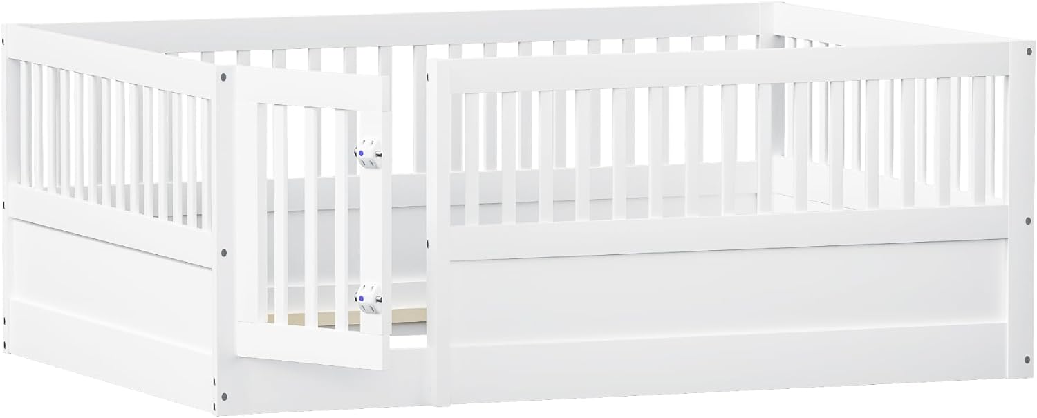 Kinderbett 140x200 cm, Bodenbett mit Gitter und Tür, Holzbett Bettgestell ohne Lattenrost, Bett für Kinder Jungen Mädchen (Ohne Matratze) Weiß