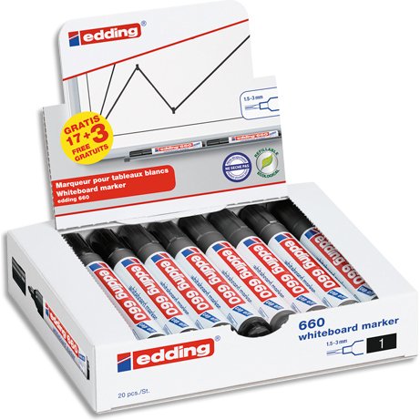 Pack de 17 marqueurs effaçables Edding E-660 pointe ogive 1,5 noir + 3 offerts