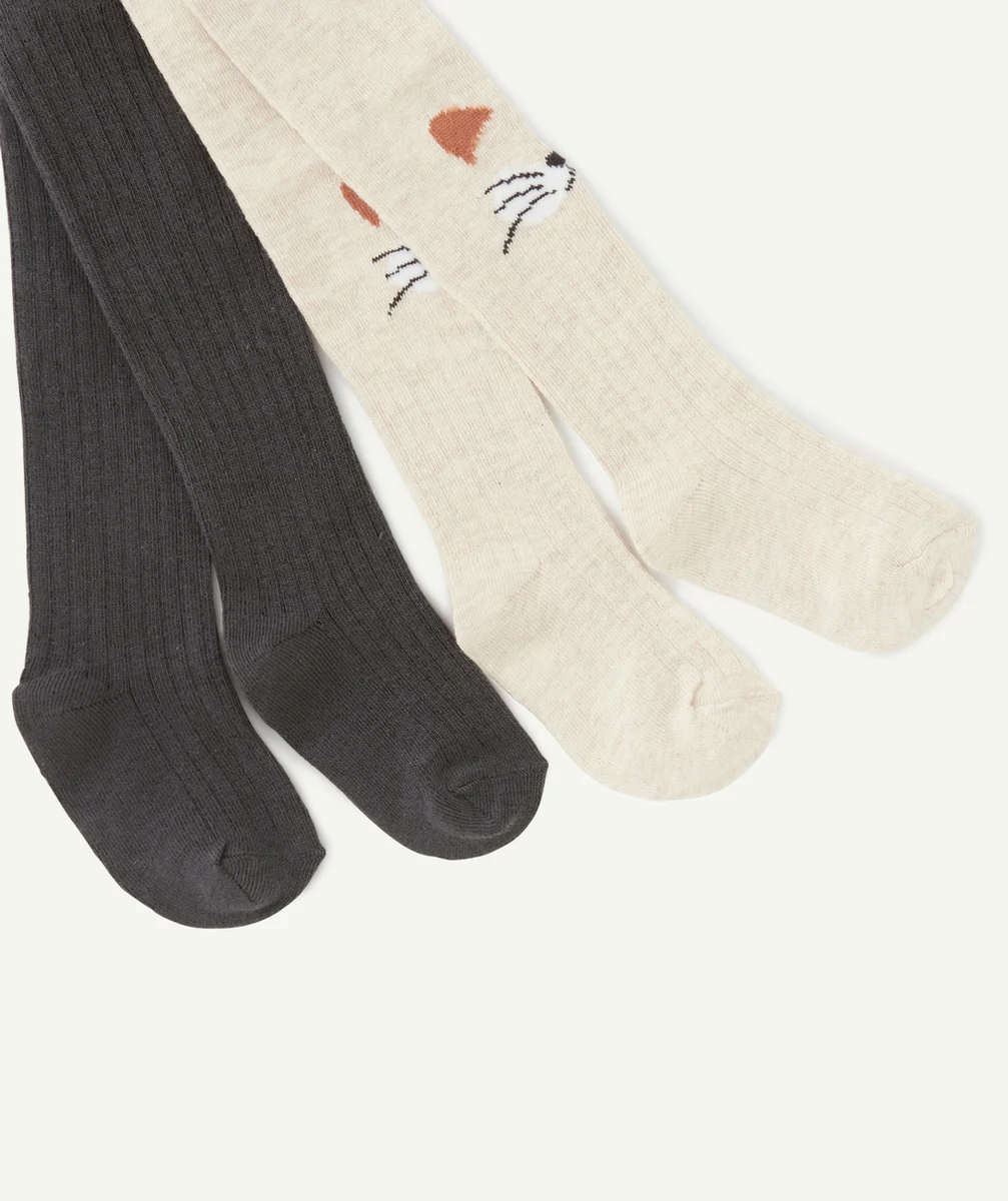 LOT DE 2 COLLANTS BÉBÉ FILLE EN TRICOT GRIS ET ÉCRU AVEC MOTIF CHAT