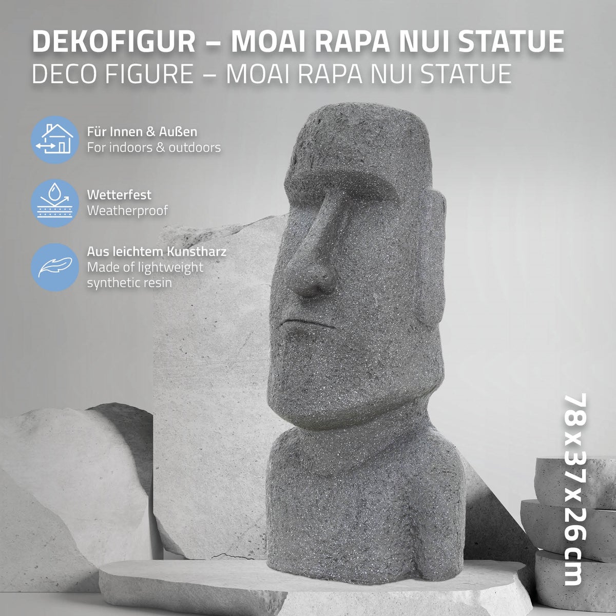 ECD Duitsland Moai figuur Rapa Nui hoofd 78 cm hoog, gemaakt van weerbestendig gegoten steenhars, grijs, Paaseilandbeeld als decoratie voor huis & tuin, tuinfiguur, decoratief figuur, sculptuur voor binnen en buiten
