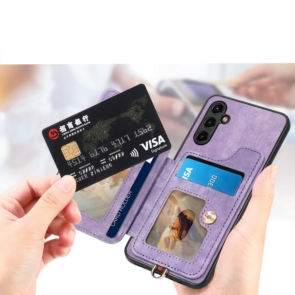 Samsung Galaxy A54 5G Necklace Leder Hülle mit Kartenfächer   Finger Griff Halterung   Handykette (RFID Schutz) - Lila