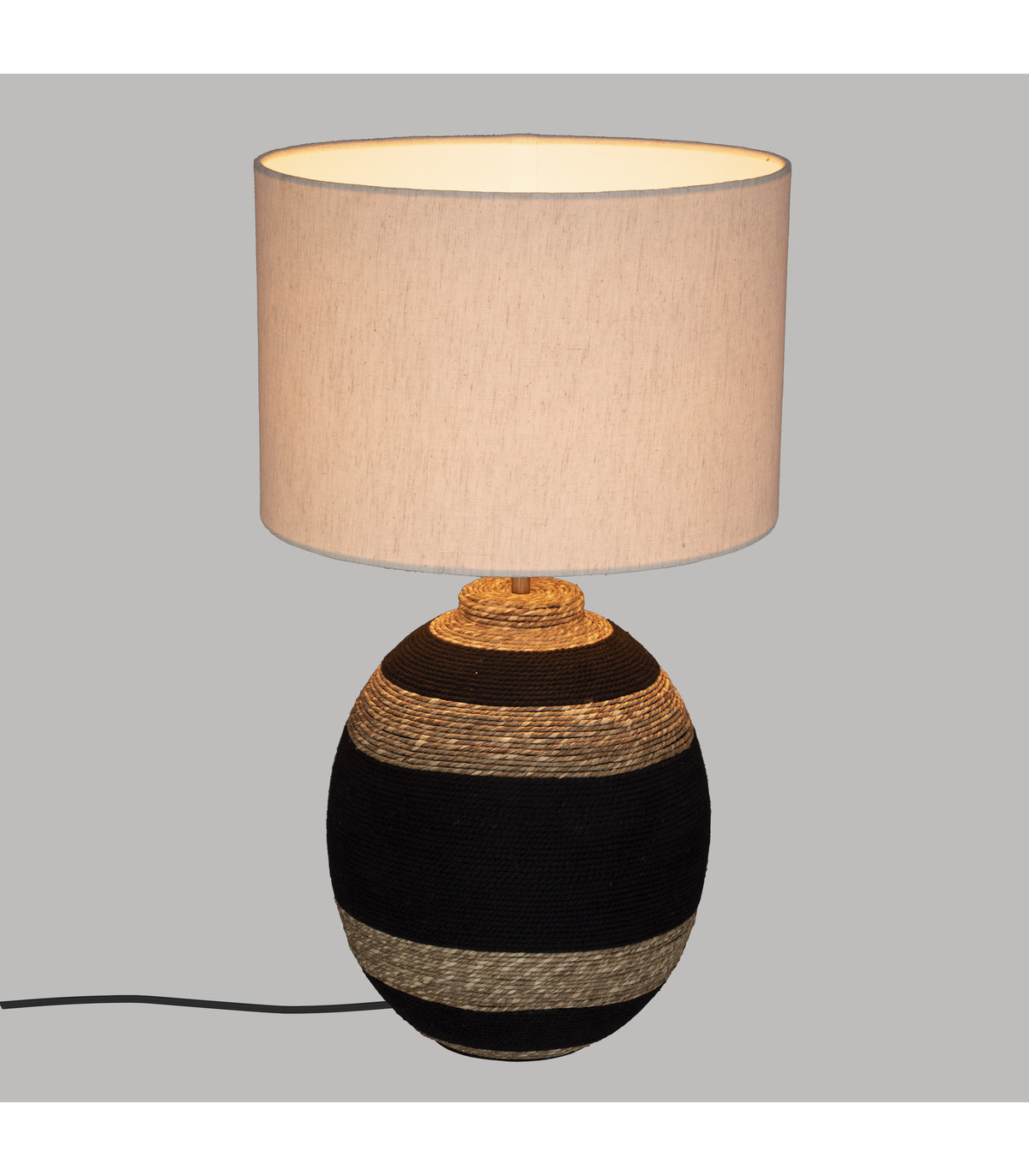 Lampe à poser en coton noir et osier tressé h 58 cm
