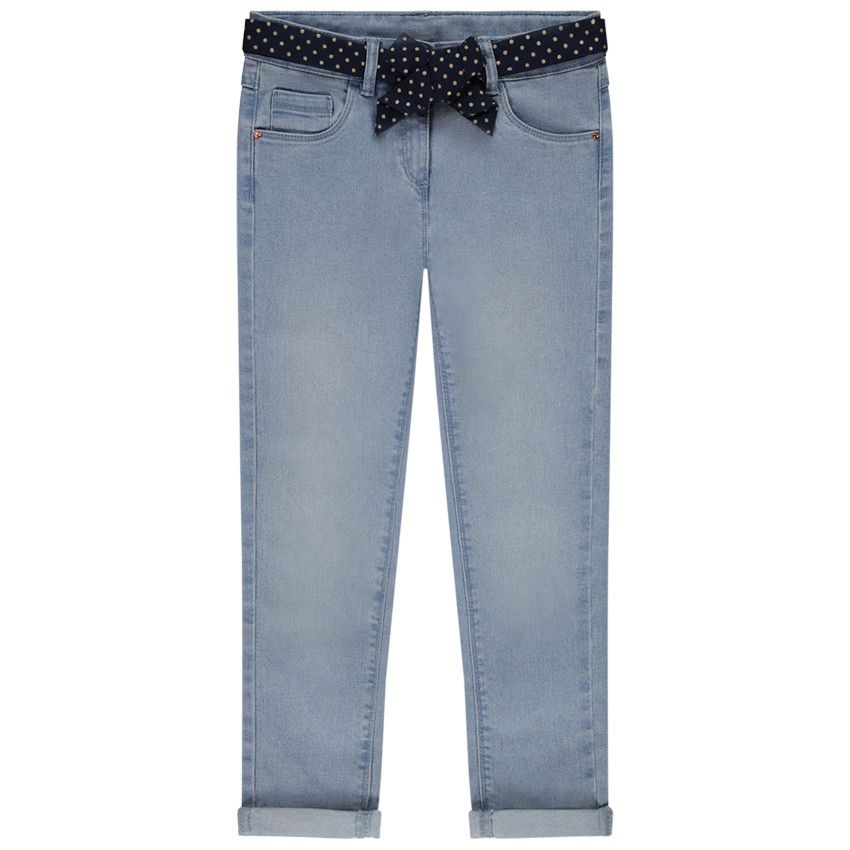Jean slim + ceinture imprimé pois à nouer pour fille - Bleu