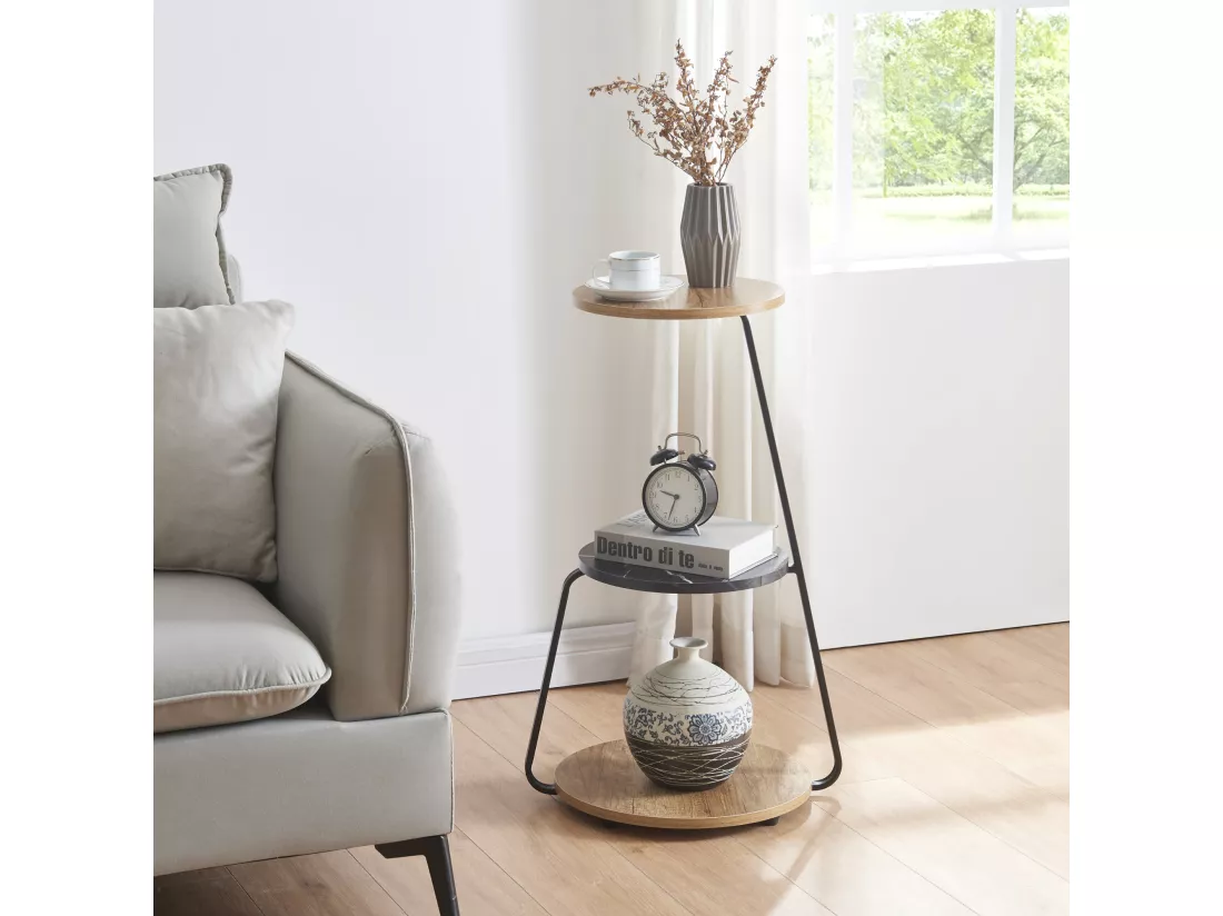 Table d'appoint Sipoo à 3 niveaux 74 x 46 x 37 cm effet noyer / marbre noir / noir [en.casa]