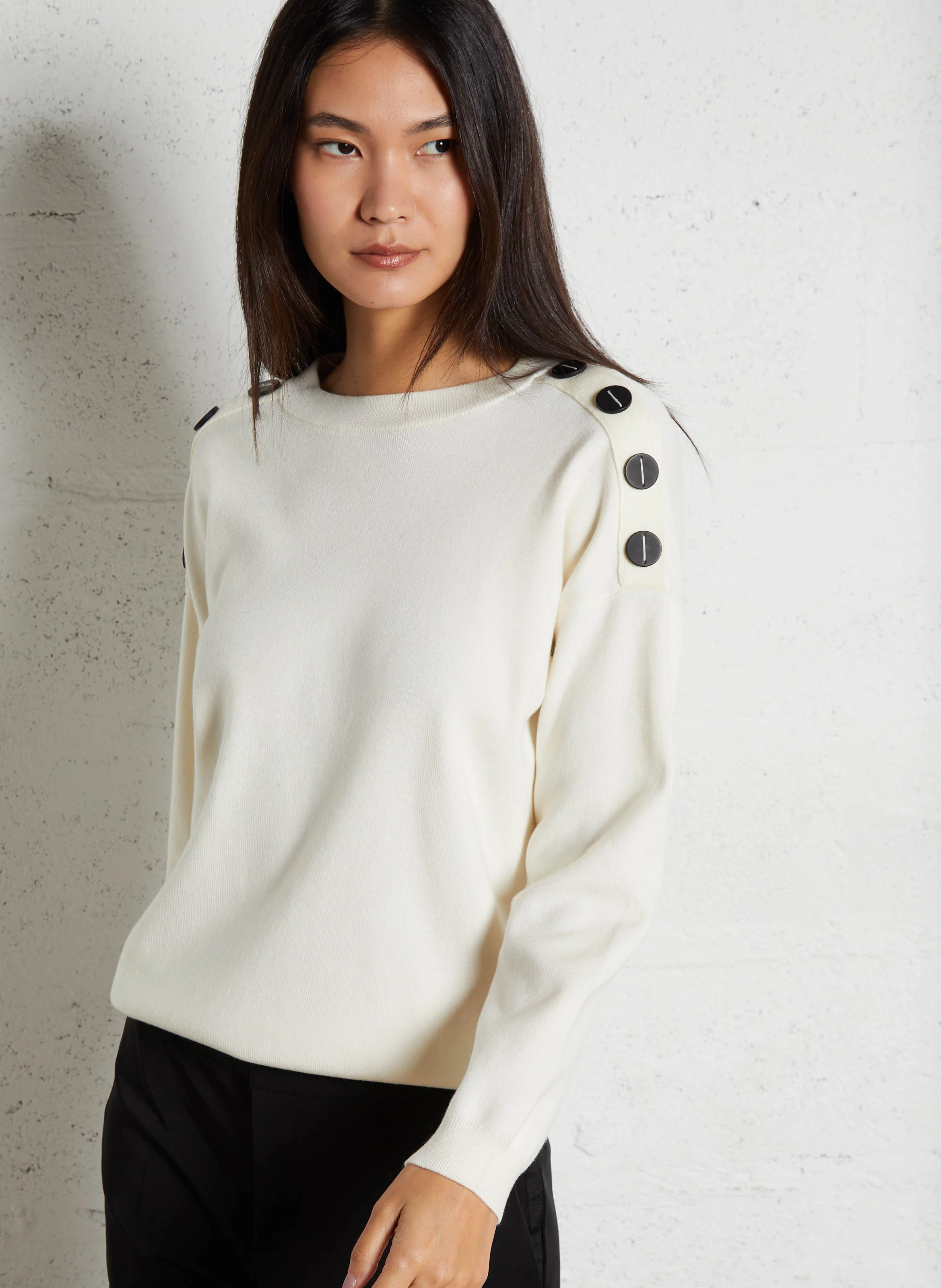 Pull droit col rond en maille mélangée | Blanc