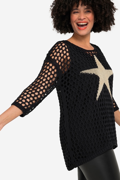 Pullover, Relaxed Fit, Lochstrick, Stern, Rundhals, 3/4-Ärmel