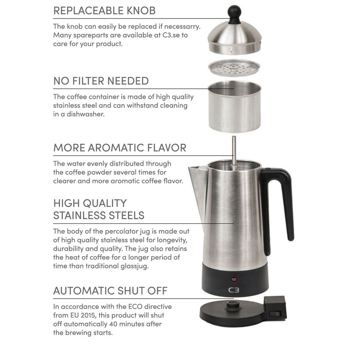 Design perkolator 6 kopper, rustfritt stål