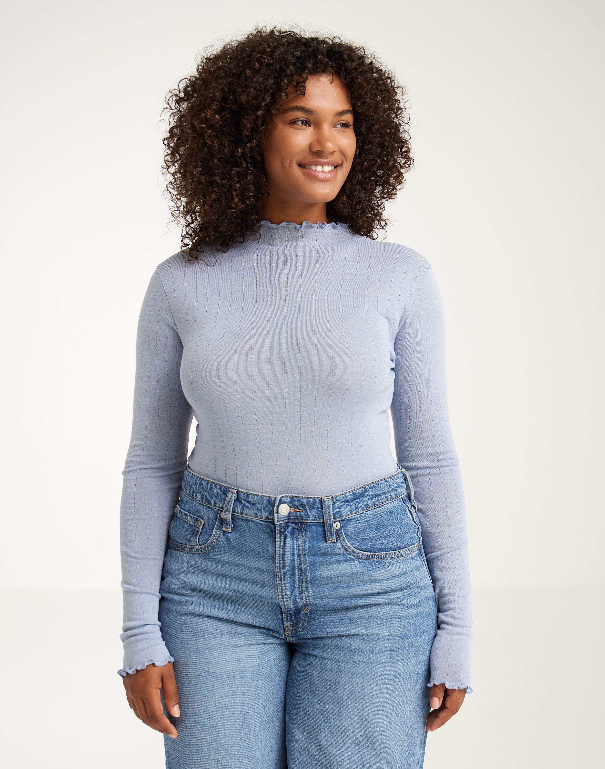 Pointelle shirt met hoge hals van merinowol/zijde voor dames