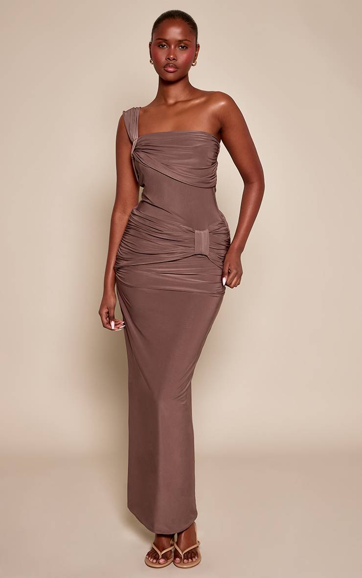 Taupe Top Asymétrique Taupe À Bretelles Drapées Effet Satiné