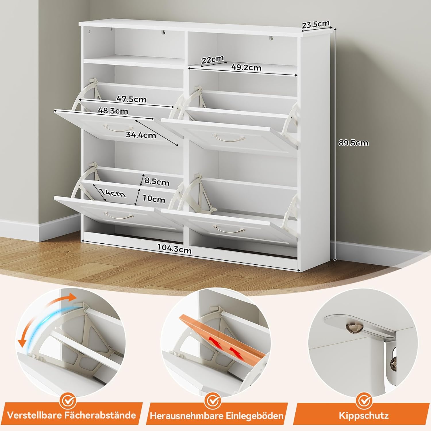 Sweetcrispy Schuhschrank mit 4 Klappen, schmaler Schuhkipper mit offenen Ablagefächern, verstellbare Trennwände, platzsparend für Flur/Diele/Eingang, 104 x 90 x 24 cm, Weiß