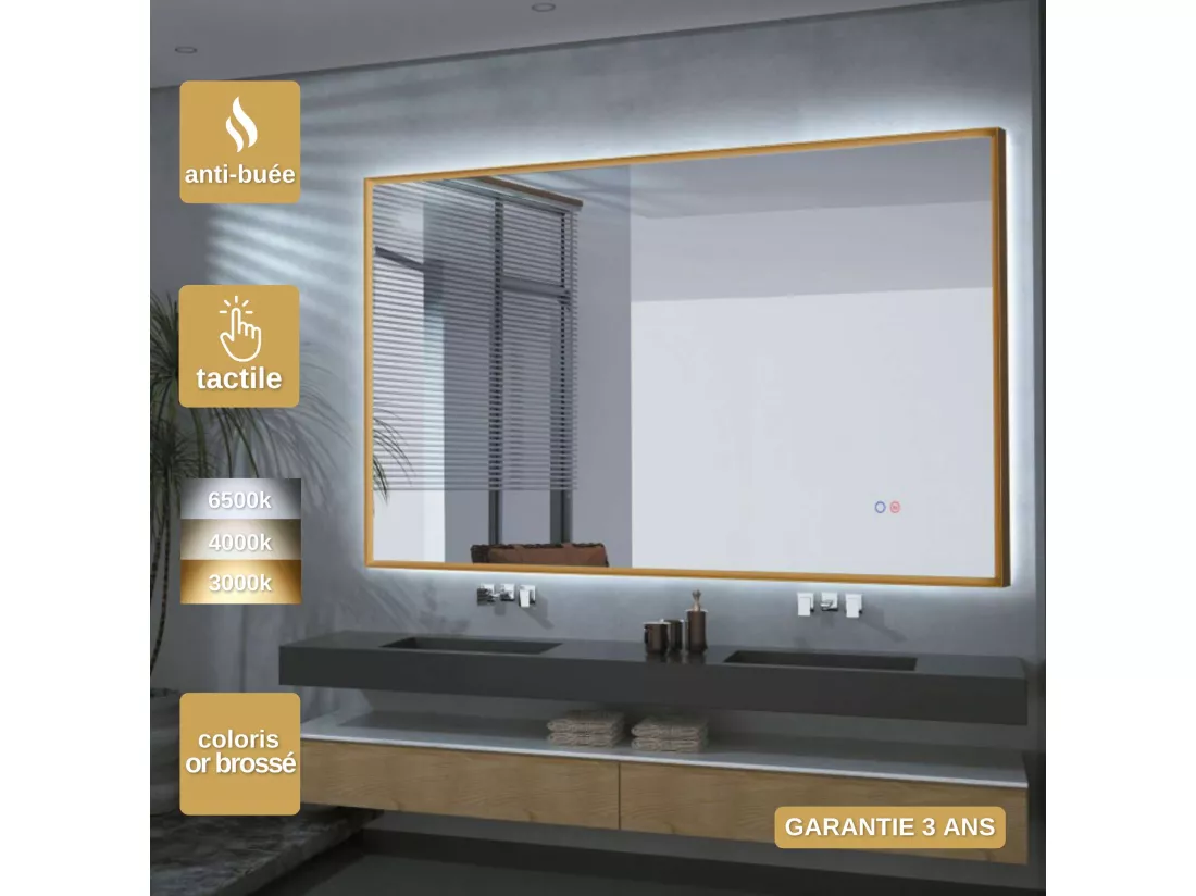 Miroir Salle de Bain CALIFORNIA - 100x80cm - Or Brossé - T° Led Variable - Tactiles On/Off & Anti-Buée - LEDIMEX