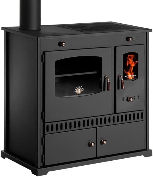 Prometey EEK A+ Kaminofen mit Backfach und Herdplatte Perfect Eco Schwarz Rechts Holzofen 7 kW Kamin Ofen Holz Werkstattofen Hüttenofen Heizofen Gartenofen, L